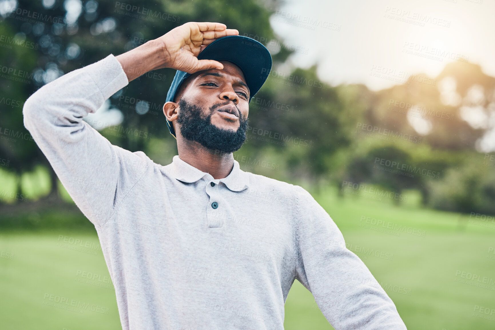 Buy stock photo Man, golf course and disappointment for shot at game, sport or angry for mistake competition on outdoor field. Professional African golfer, stress or anger at contest for fail, games or training