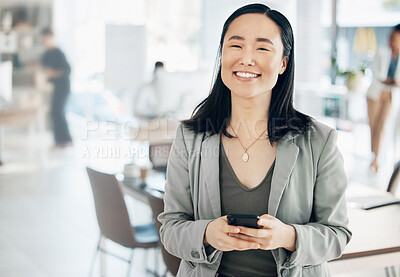 Buy stock photo Portrait, success and Asian woman in office, smartphone and typing for social media, happiness and connection. Face, Japanese female employee and manager in workplace, cellphone and communication