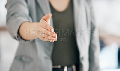 Buy stock photo Offer handshake of business woman in welcome, congratulations or thank you in client or partnership pov. Closeup of person shaking hands for support in collaboration, deal or onboarding introduction