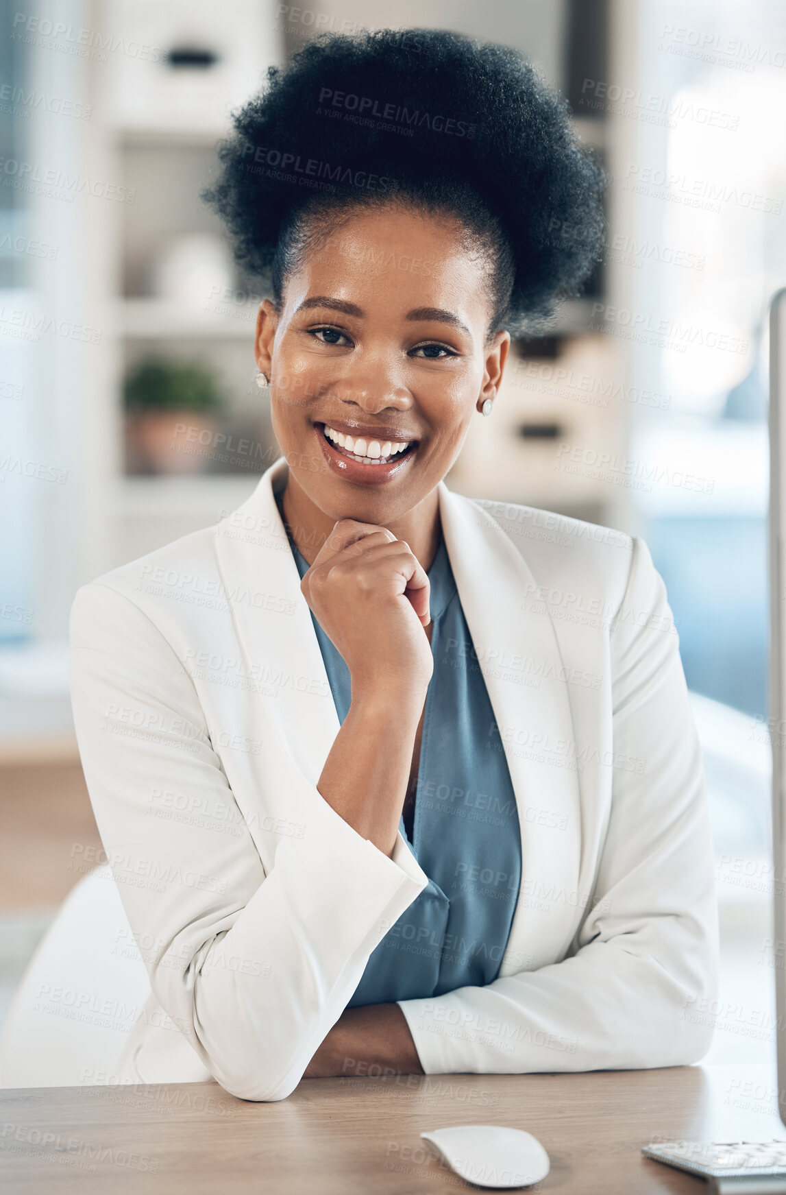 Buy stock photo Happy, success and portrait of a black woman in the office with a computer working or doing research. Business, smile and African female corporate manager sitting at her desk with a pc in workplace.