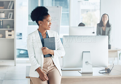 Buy stock photo Business, success and black woman thinking, opportunity and ideas with happiness, cheerful and growth. African American female employee, leader and consultant with management skills and development