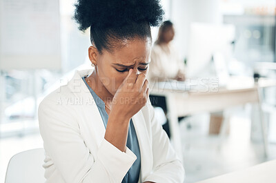 Buy stock photo Black woman, business and stress or depressed in office with a headache and bad mental health. African female entrepreneur burnout, anxiety and frustrated or sad at desk with problem or crisis