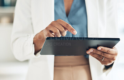 Buy stock photo Tablet, typing and hands of woman in office for networking, information and project analysis. Executive, technology and digital with zoom of female browsing online for app, email and connection