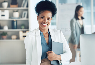 Buy stock photo Digital tablet, portrait and businesswoman in the office with confidence while working on a project. Happy, smile and professional African female leader standing with mobile device in the workplace.