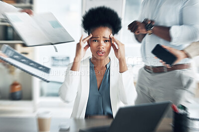 Buy stock photo Stress, headache and portrait of an overworked black woman with burnout, management anxiety and tired. Mental health, chaos and an African employee with people for work, migraine pain and busy