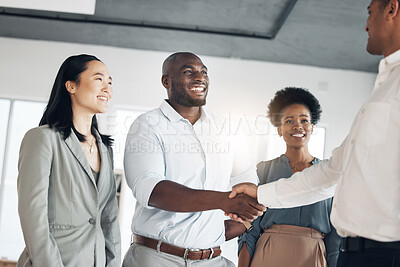 Buy stock photo B2b, black man or manager shaking hands in meeting or startup project partnership or business deal. Teamwork, office handshake or happy worker talking or speaking of success or hiring agreement  