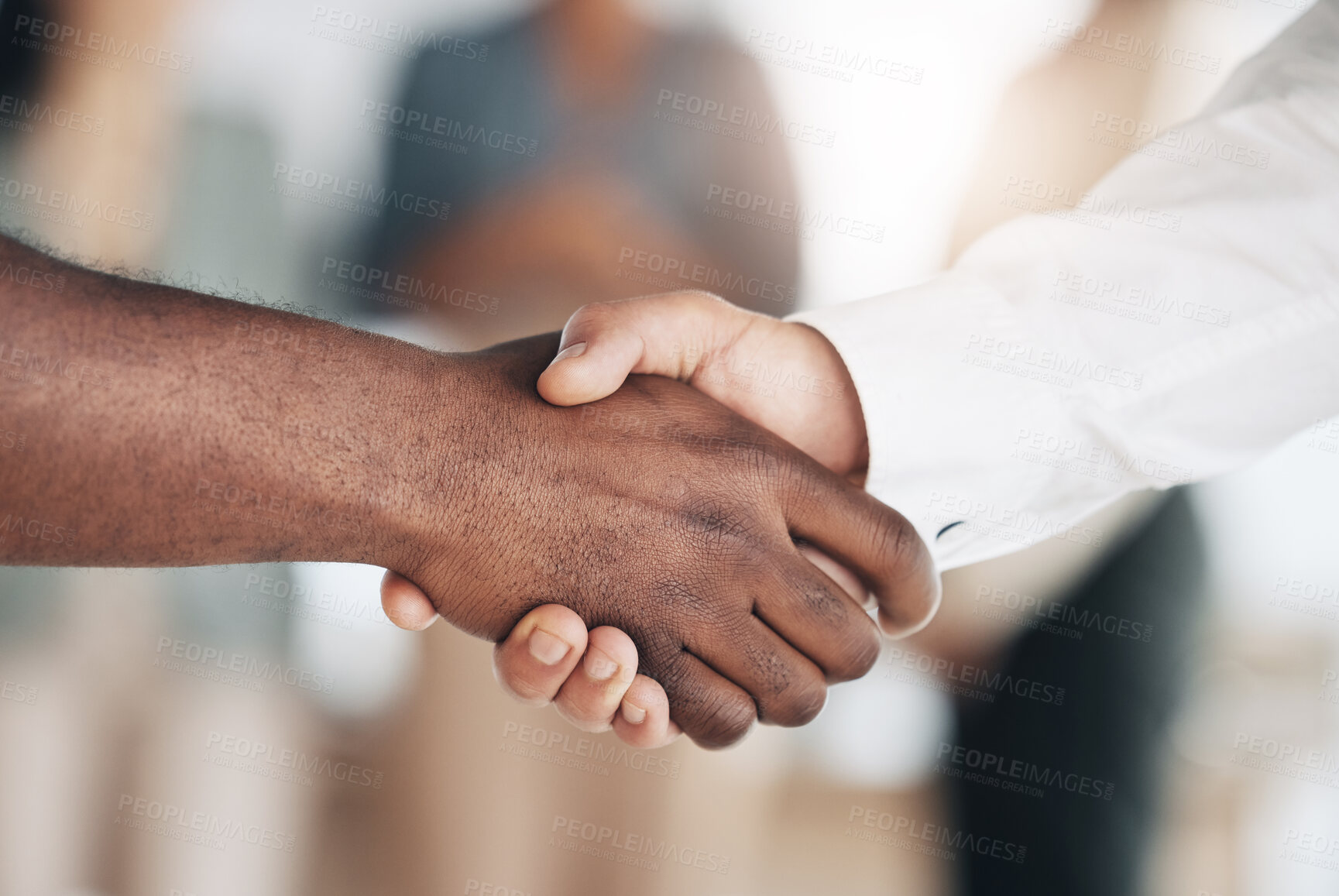 Buy stock photo Hiring, black man or businessman shaking hands in b2b meeting or startup project or financial deal. Teamwork, handshake zoom or African worker with job promotion success or partnership agreement