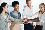Team building, hands together or happy business people in meeting or group project for motivation. Diversity, mission or employees in collaboration for our vision, strategy plan or target goals 
