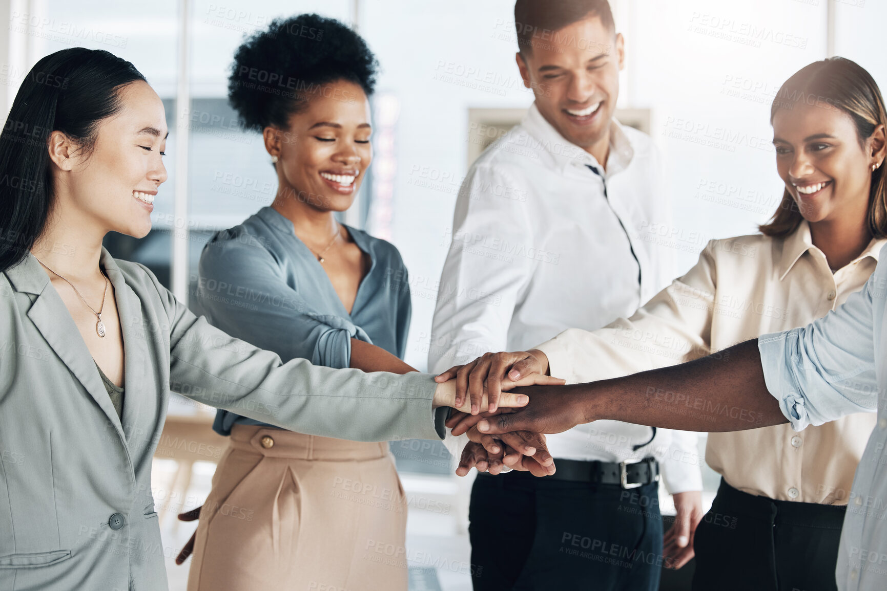 Buy stock photo Team building, hands together or happy business people in meeting or group project for motivation. Diversity, mission or employees in collaboration for our vision, strategy plan or target goals 
