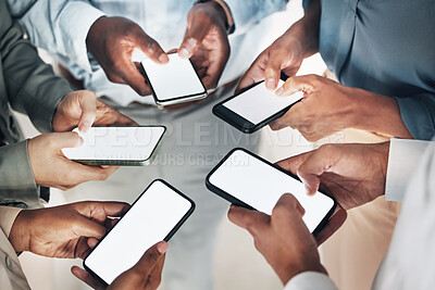 Buy stock photo Phone screen mockup, circle or hands of business people on social media searching online news. Mobile app post, digital internet website or group community typing, networking or chatting together 