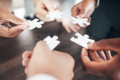 Buy stock photo Business people, hands or puzzle for solution or problem solving with planning, teamwork or collaboration. Jigsaw, zoom or partnership support, project development ideas or community group mission 