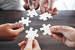 People, hands or puzzle strategy for problem solving ideas with planning, team building or collaboration. Jigsaw solution, zoom or partnership meeting, project development or community group mission 