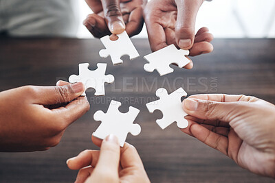 Buy stock photo People, hands or puzzle strategy for problem solving ideas with planning, team building or collaboration. Jigsaw solution, zoom or partnership meeting, project development or community group mission 