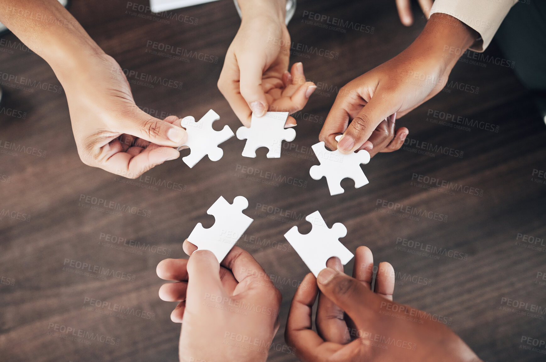 Buy stock photo Business people, hands or puzzle for teamwork, solution problem solving with planning, synergy or collaboration. Jigsaw, growth or partnership support, project development or community group mission 