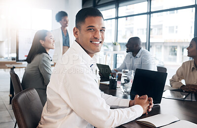 Buy stock photo Portrait, business and man in meeting, success and conversation for new project, group and management. Face, male employee and happy consultant with staff, teamwork and communication for planning 