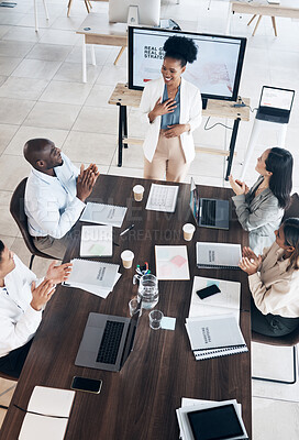 Buy stock photo Work presentation, woman presenter and applause from business people in a conference room meeting. Happy, teamwork and collaboration of a office training team cheering for female workshop leader