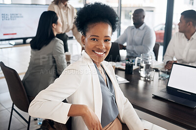 Buy stock photo Black woman in portrait in office meeting with business mindset for online career planning on laptop screen mockup. Face of professional person or employee on computer in job conference or workshop