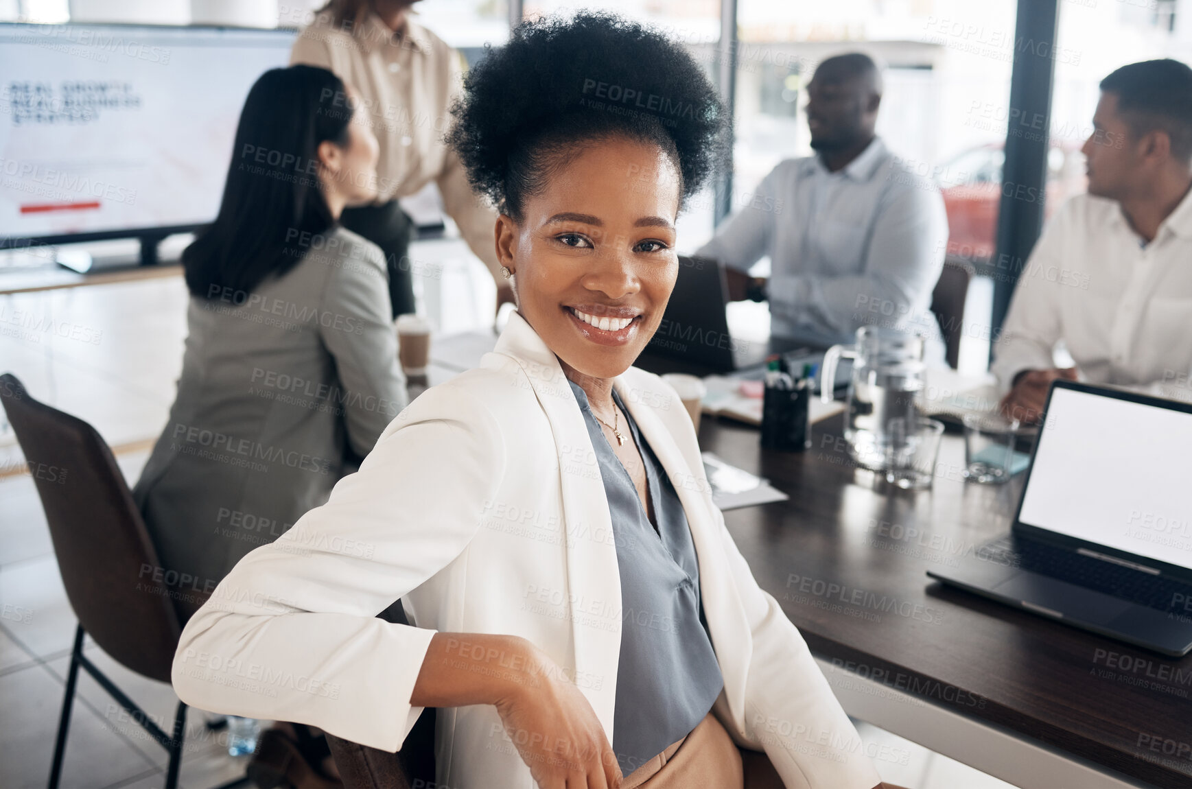 Buy stock photo Black woman in portrait in office meeting with business mindset for online career planning on laptop screen mockup. Face of professional person or employee on computer in job conference or workshop