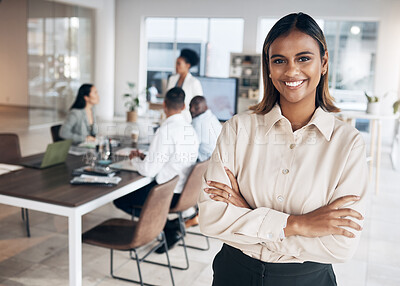 Buy stock photo Meeting, Indian woman portrait and proud manager in a conference room with collaboration. Success, employee management and worker feeling happy about workplace teamwork strategy and company growth