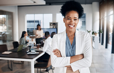 Buy stock photo Meeting, black woman portrait and business manager in a conference room with collaboration. Success, management and proud ceo feeling happy about workplace teamwork strategy and company growth