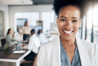 Buy stock photo Office meeting, black woman leader portrait and workforce manager in conference room with staff. Success, management and proud ceo feeling happy about workplace teamwork strategy and company growth