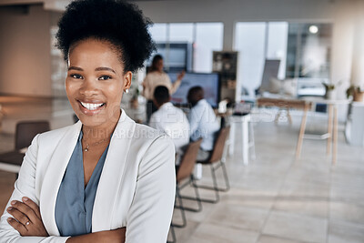 Buy stock photo Meeting, black woman portrait and happy business manager in a conference room with mockup. Leader success, management and proud ceo with workplace teamwork strategy and company worker vision