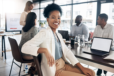 Buy stock photo Portrait, meeting and a black woman in a business boardroom with her team for a strategy presentation on laptop mockup screen. Workshop, training and collaboration with a female sitting at a table