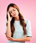 Stress, depression and woman with headache in studio, tired and exhausted isolated on pink background. Mental health, burnout and depressed hispanic model with hand on head in pain and temple massage