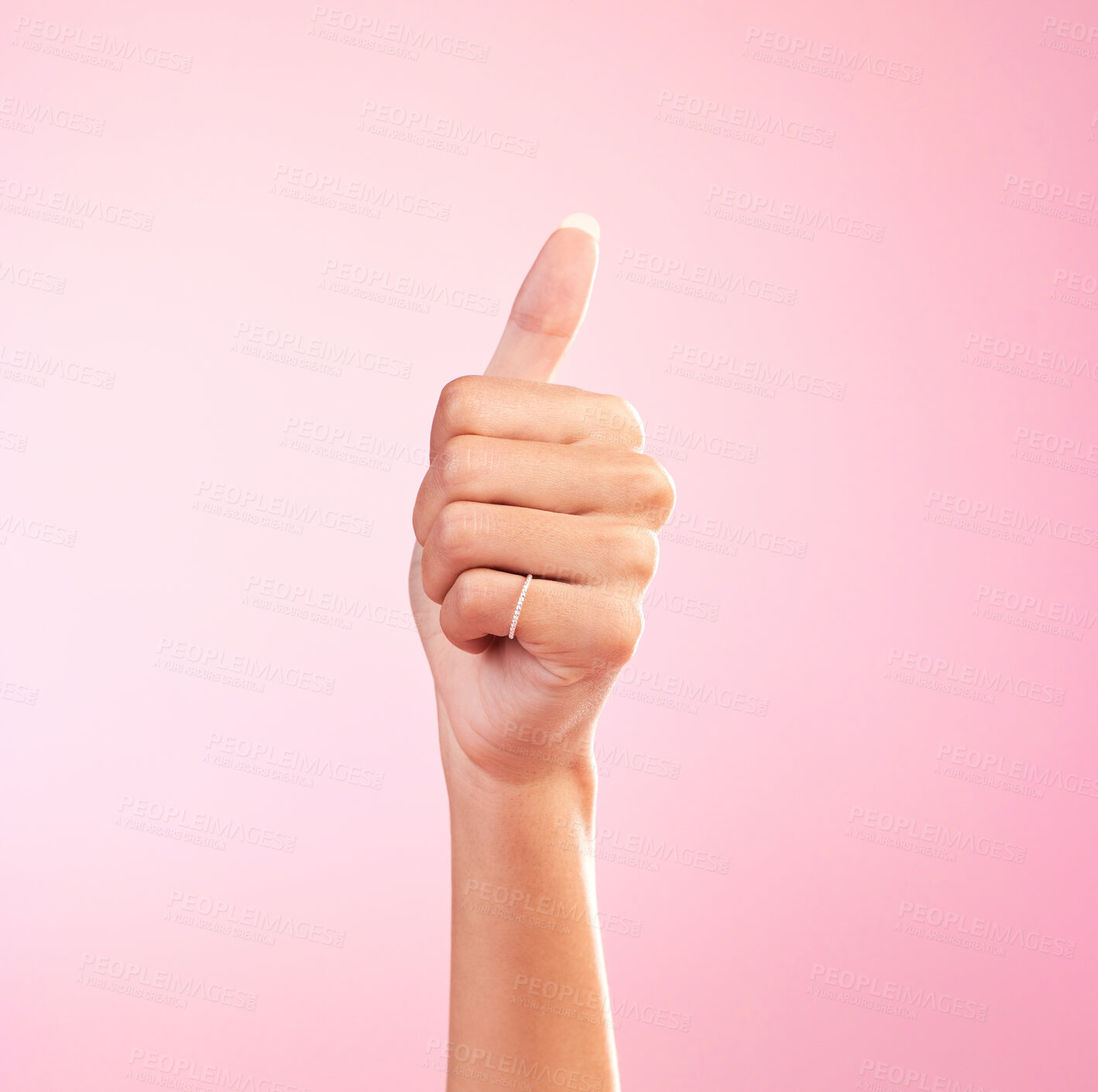 Buy stock photo Thumbs up, yes and hand of woman in studio for success, approval, achievement and support. Like, emoji and thank you with female and gesture isolated on pink background for positive, agreement and ok