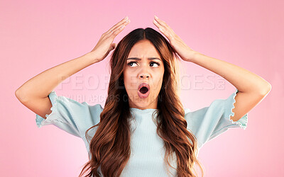 Buy stock photo Wow, confused and woman in studio surprised, omg and mind blown gesture on pink background. Wtf, shocked and open mouth by girl shocked, puzzled or with doubt emoji, decision or choice while isolated
