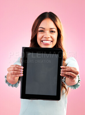 Buy stock photo Portrait, hands and woman with tablet screen for mockup in studio isolated on pink background. Technology, face and happy female model with touchscreen for marketing, advertising or product placement