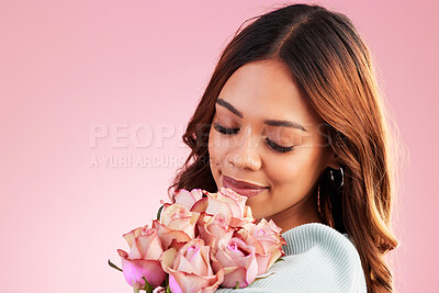 Buy stock photo Beauty, flower bouquet and studio woman with floral product, sustainable agriculture and organic natural skincare. Relax female person, nature cosmetics face and eco friendly girl on pink background