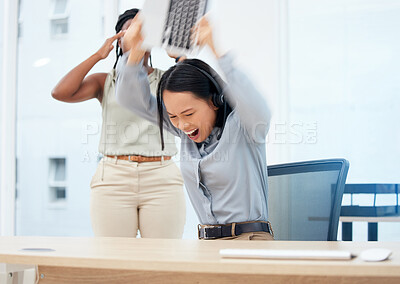 Buy stock photo Angry, keyboard break and telemarketing woman with anger issues and mental health breakdown. Crm, Asian female and crazy frustrated call center worker with burnout and stress from computer glitch