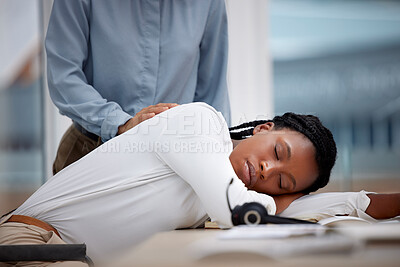 Buy stock photo Tired, overworked and sleeping with black woman in call center office for exhausted, burnout and stress. Customer support, contact us and consulting with female for rest, mental health and problem
