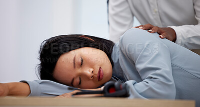 Buy stock photo Sleeping, tired and employee with burnout on an office table feeling overworked and sleep on her desk. Nap, dreaming and female businesswoman napping and exhausted due to fatigue at workplace