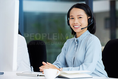 Buy stock photo Asian woman, call center employee and happy in portrait, communication and CRM, headset with mic in office. Contact us, customer service or telemarketing, female consultant with smile and help desk