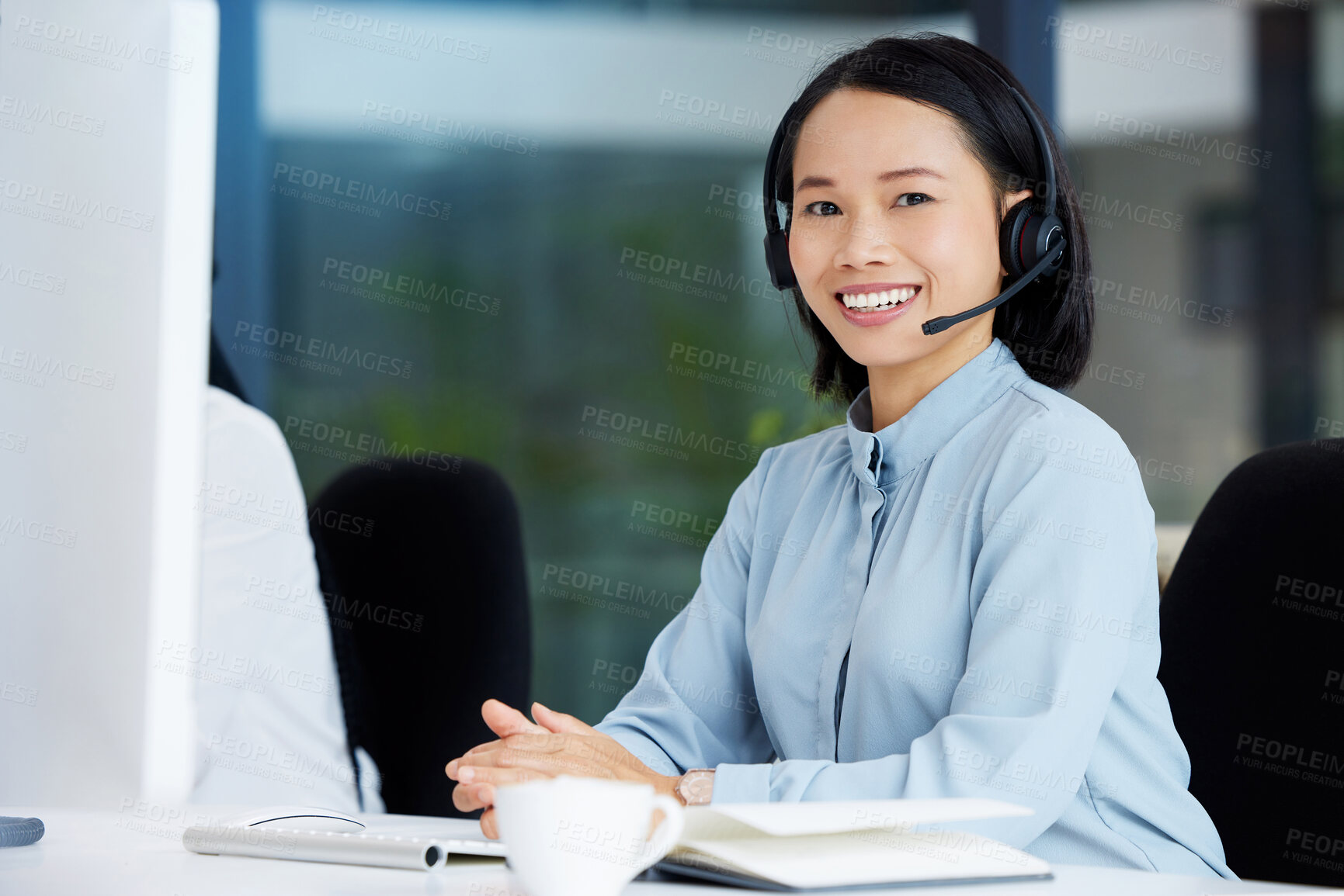 Buy stock photo Asian woman, call center employee and happy in portrait, communication and CRM, headset with mic in office. Contact us, customer service or telemarketing, female consultant with smile and help desk