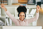 Call center, success and business woman with happiness from a telemarketing achievement. Crm, contact us and computer notification of job promotion email with celebration in a customer support office
