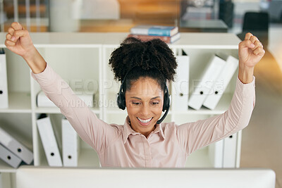 Buy stock photo Call center, success and business woman with happiness from a telemarketing achievement. Crm, contact us and computer notification of job promotion email with celebration in a customer support office