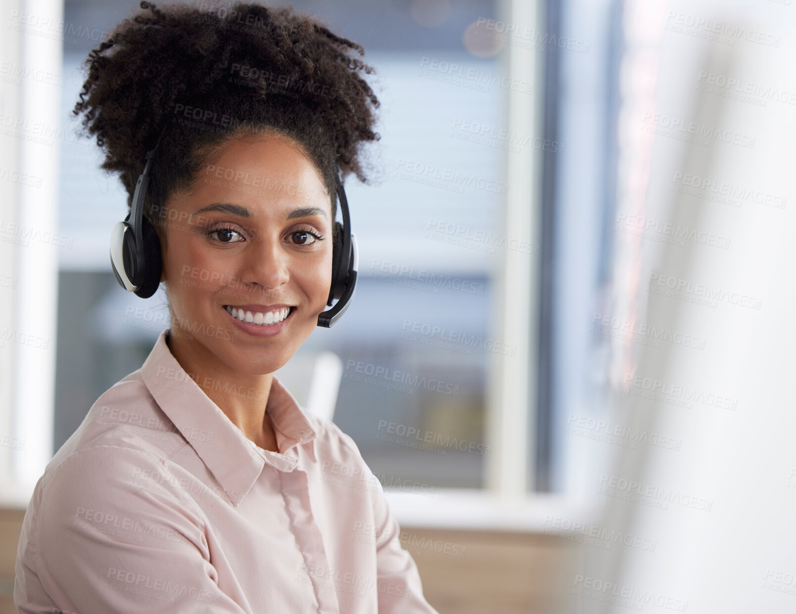 Buy stock photo Customer support, smile and portrait of woman at call center for b2b connection, contact us and crm consulting. Telemarketing, communication and happy female worker for service, agency and help desk