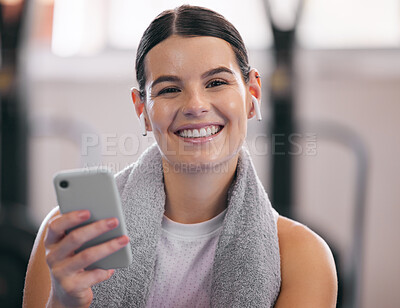 Buy stock photo Gym, relax and portrait of happy woman with phone and headphones on workout break checking social media. Exercise, rest and person with smartphone for fitness app, music or networking for motivation.