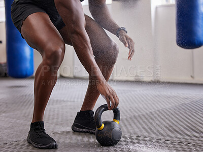 Buy stock photo Kettlebell, hands and legs of man training for weightlifting, fitness workout and sports challenge in gym. Closeup bodybuilder holding heavy weights for exercise, power and muscle of strong athlete 