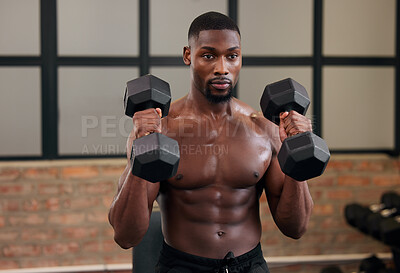 Buy stock photo Black man, weight training and fitness of a athlete doing power lifting for exercise at a gym. Sport workout, bodybuilding and African American male with strong arms, wellness and health exercising
