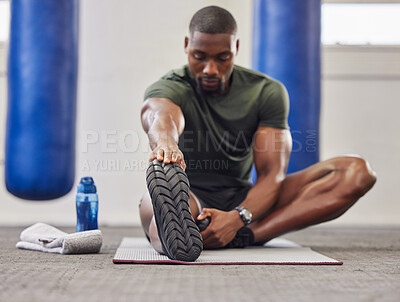 Buy stock photo Black man, stretching legs and fitness in gym for training, performance and bodybuilding. Bodybuilder warm up for strong feet, sports workout and start healthy exercise for mobility, energy and power
