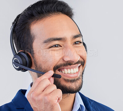 Buy stock photo Call center, microphone and face of man with smile for communication, consulting and crm network. Contact us, customer support mockup and happy male consultant in studio for help, service and sales