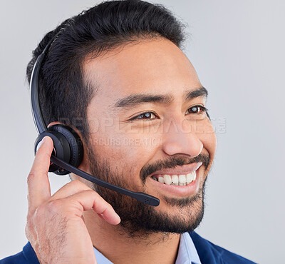 Buy stock photo Call center, microphone and face of man happy for communication, consulting and crm networking. Contact us, customer support mockup and male consultant smile in studio for help, service and sales