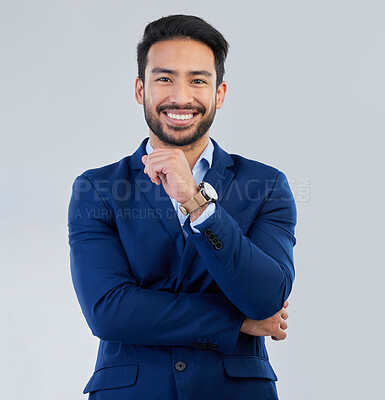 Buy stock photo Business man, smile and style portrait in studio for corporate or CEO fashion while happy. Face of asian entrepreneur person on isolated white background with pride for luxury, success and wealth