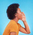Shout, news and profile of black woman on blue background for announcement, message and alert. Communication, information and girl screaming with hand gesture for opinion, voice and loud in studio