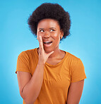 Black woman, hand on mouth and secret gossip in studio, sharing exciting news or drama on blue background. Deal announcement, whisper and happy African girl with afro, discussion isolated in privacy.