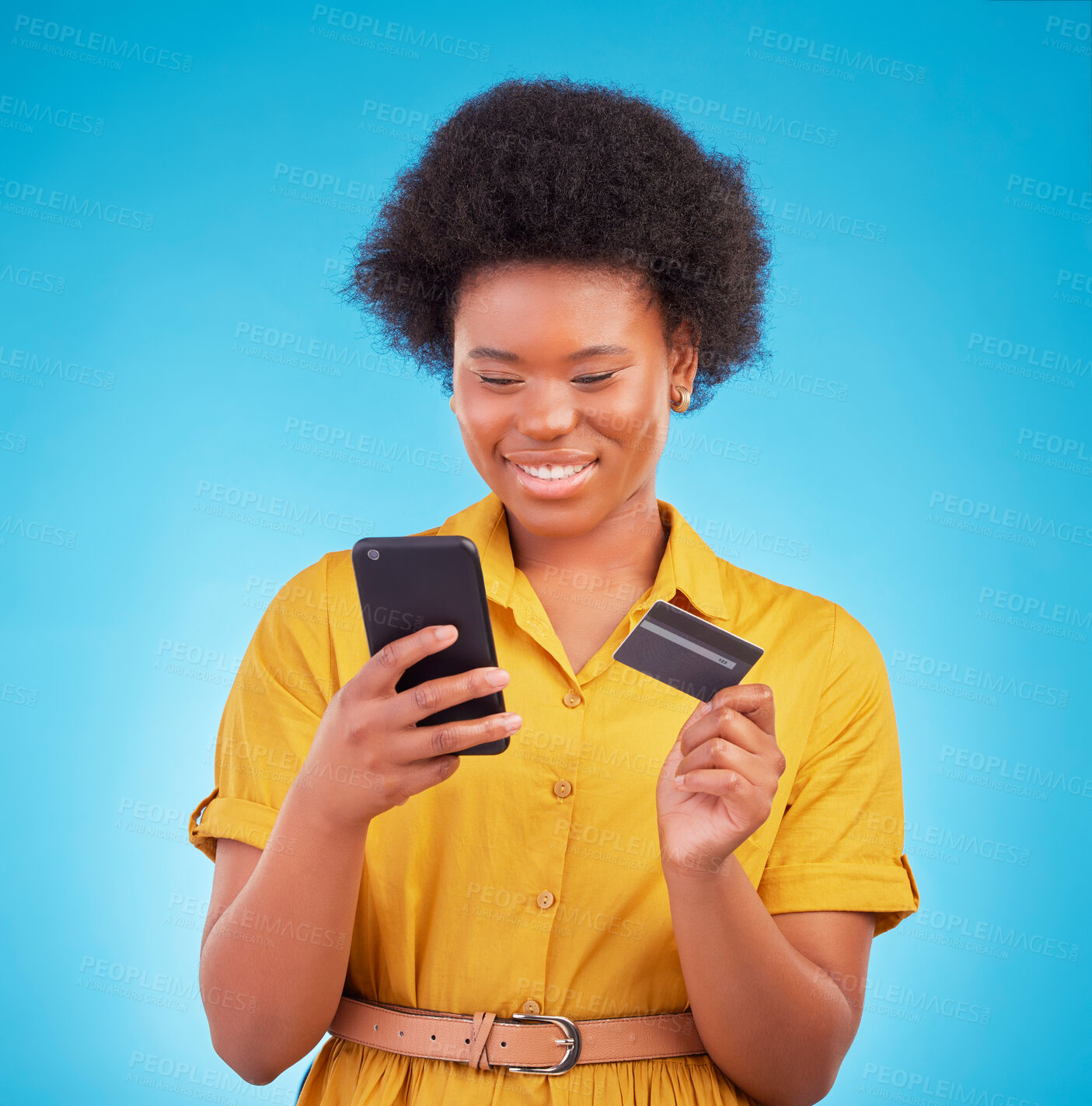 Buy stock photo Credit card, happy black woman and mobile in studio for ecommerce payment, fintech money and online shopping. Female model, smartphone banking and finance on internet, technology and retail customer 